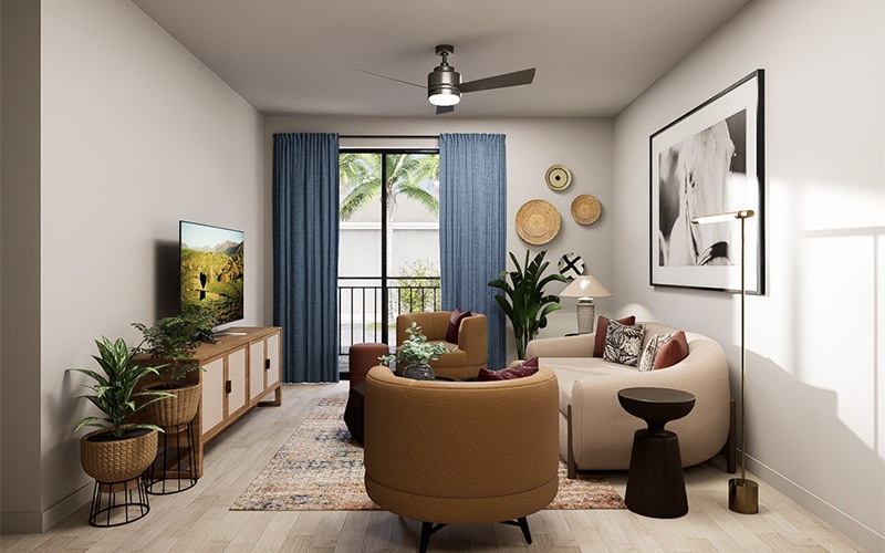 Rendering of living room in apartments at The Reese